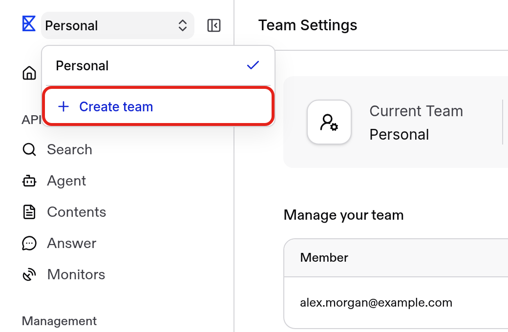 Team switcher menu with the Create team option