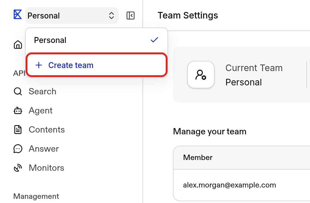 Team switcher menu with the Create team option