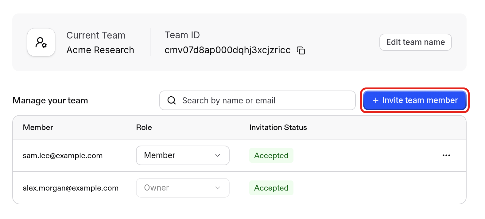 Invite team member button in Team Settings