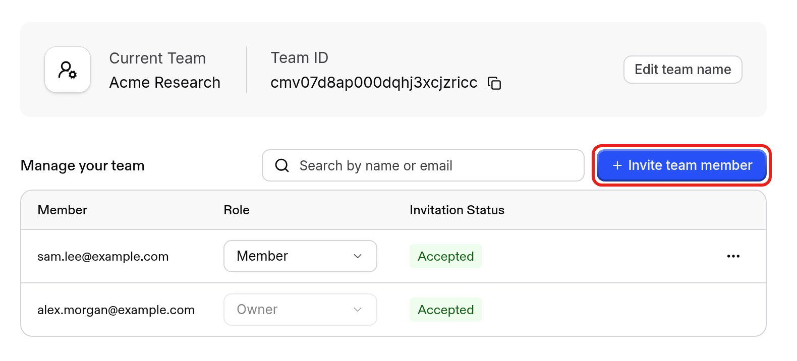 Invite team member button in Team Settings
