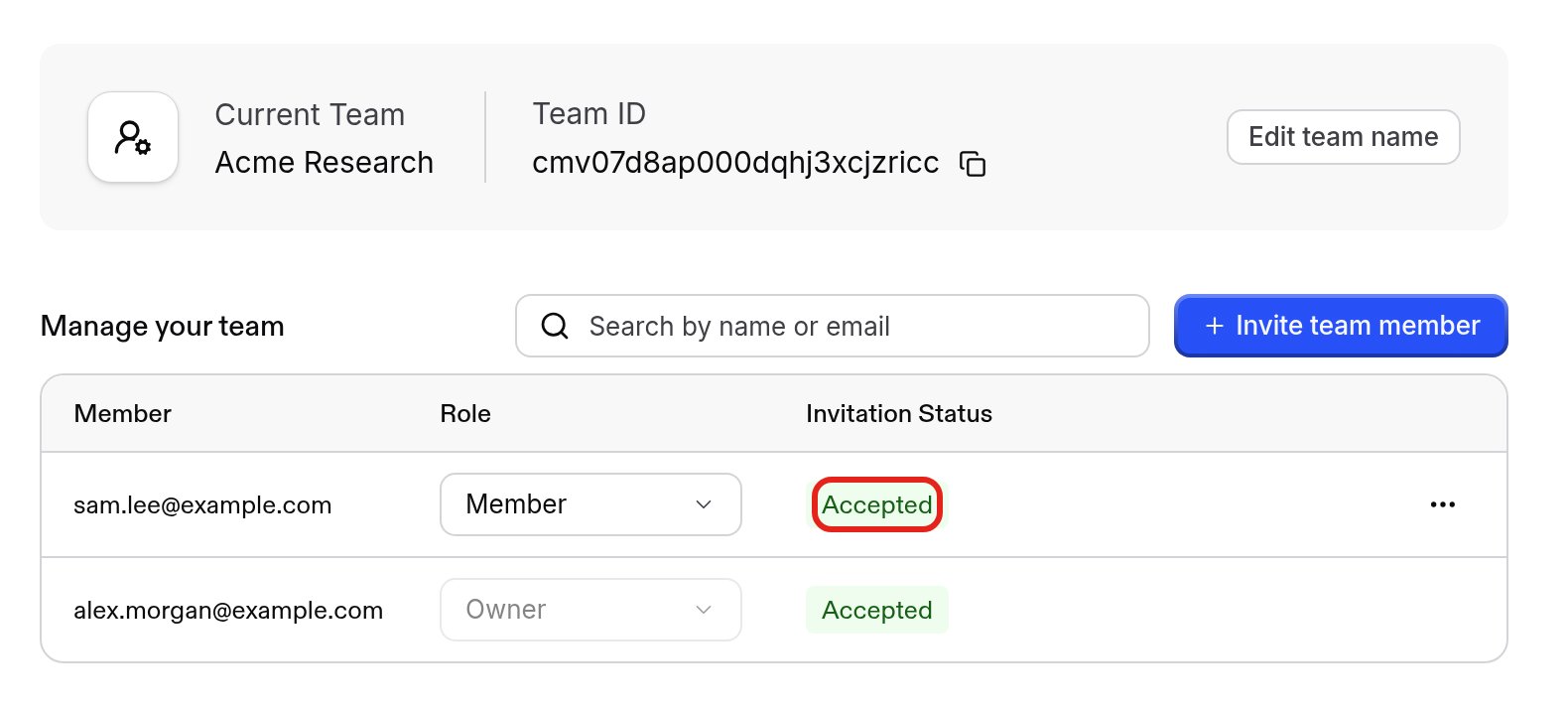 Team members list showing Accepted invitation status
