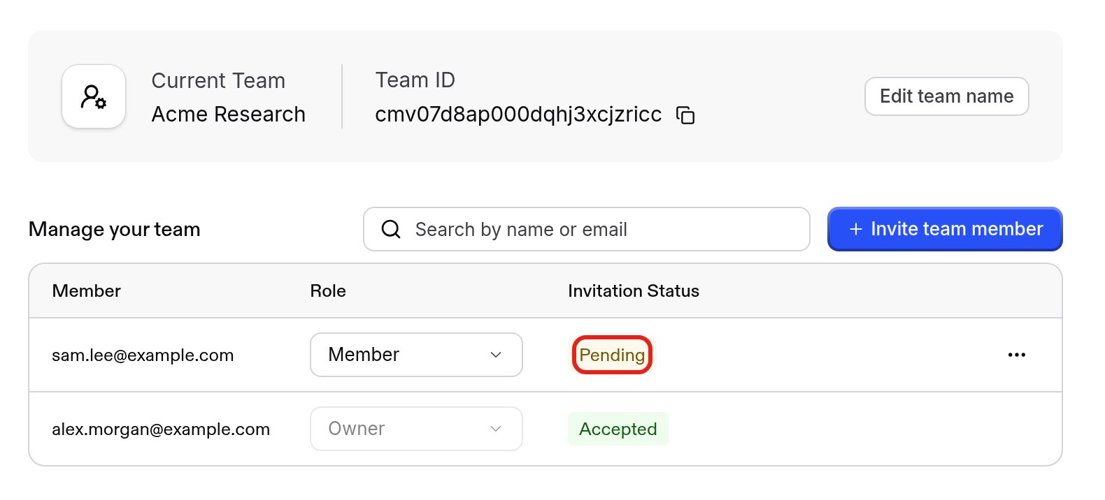 Team member listed with Pending invitation status