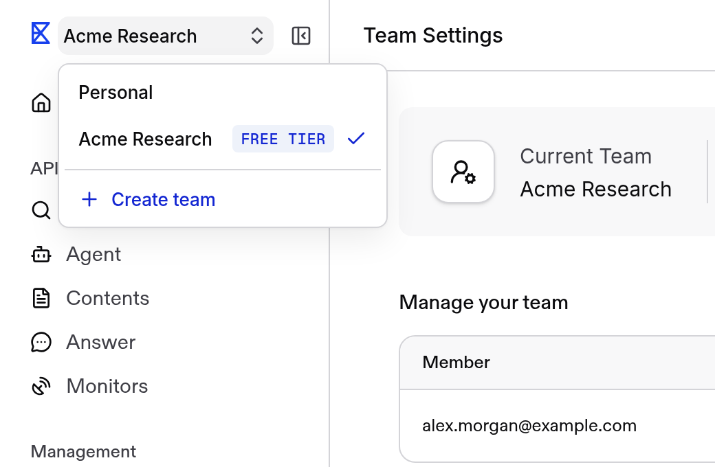 Team switcher listing the Personal and Acme Research teams
