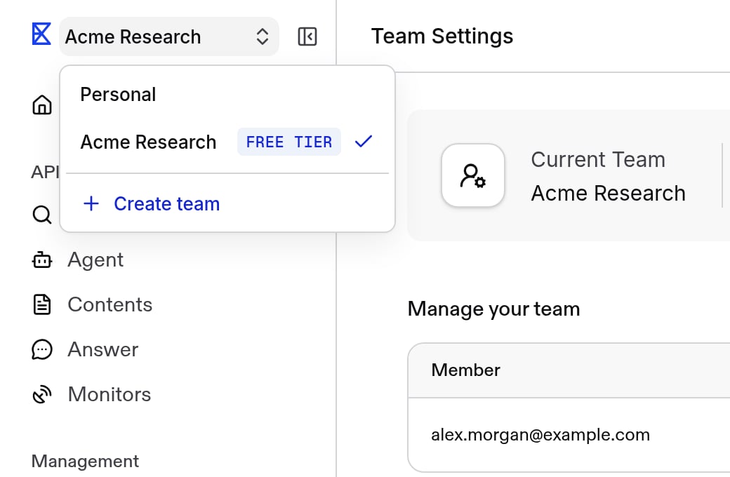 Team switcher listing the Personal and Acme Research teams