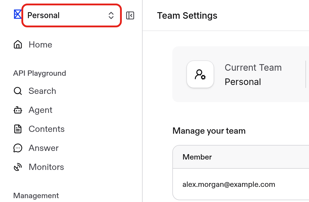 Team switcher in the top-left of the Exa dashboard showing the Personal team