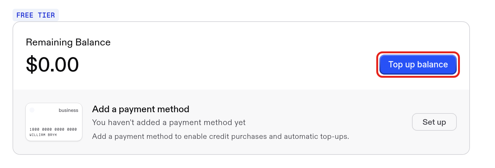 Top up balance button on the Billing page