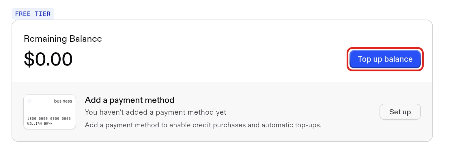 Top up balance button on the Billing page