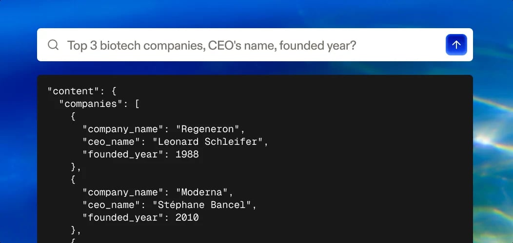 Deep search query returning structured JSON about biotech companies