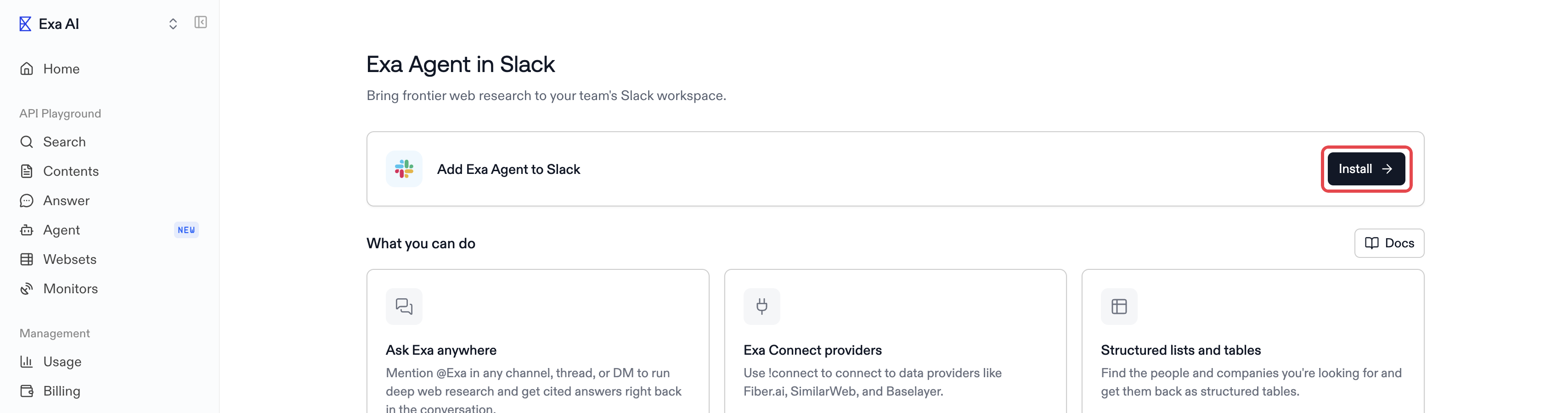 The Exa in Slack page in the Exa dashboard, with the Install button