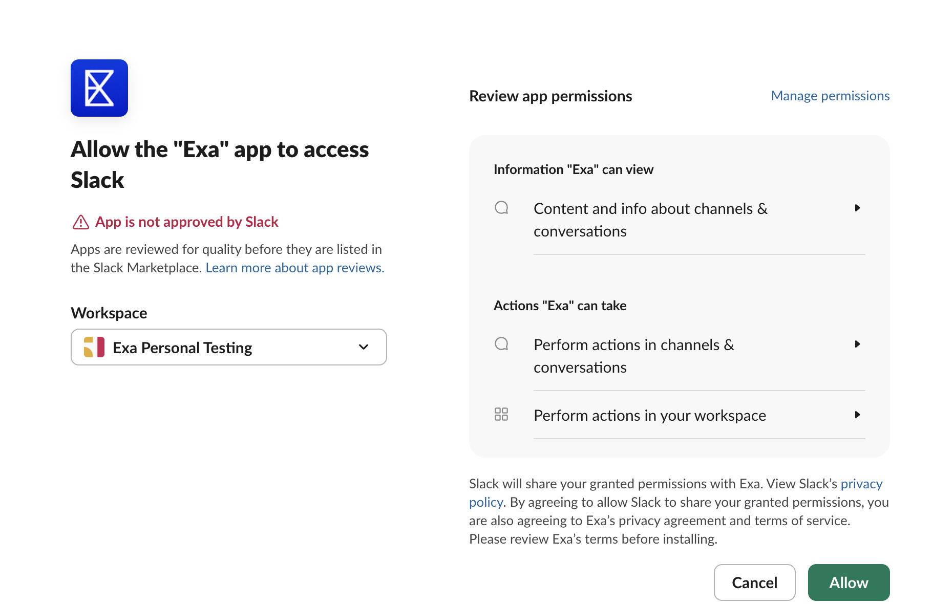 Slack's OAuth approval screen for the Exa app, showing the "App is not approved by Slack" notice, a workspace picker, the requested permissions, and the Allow button