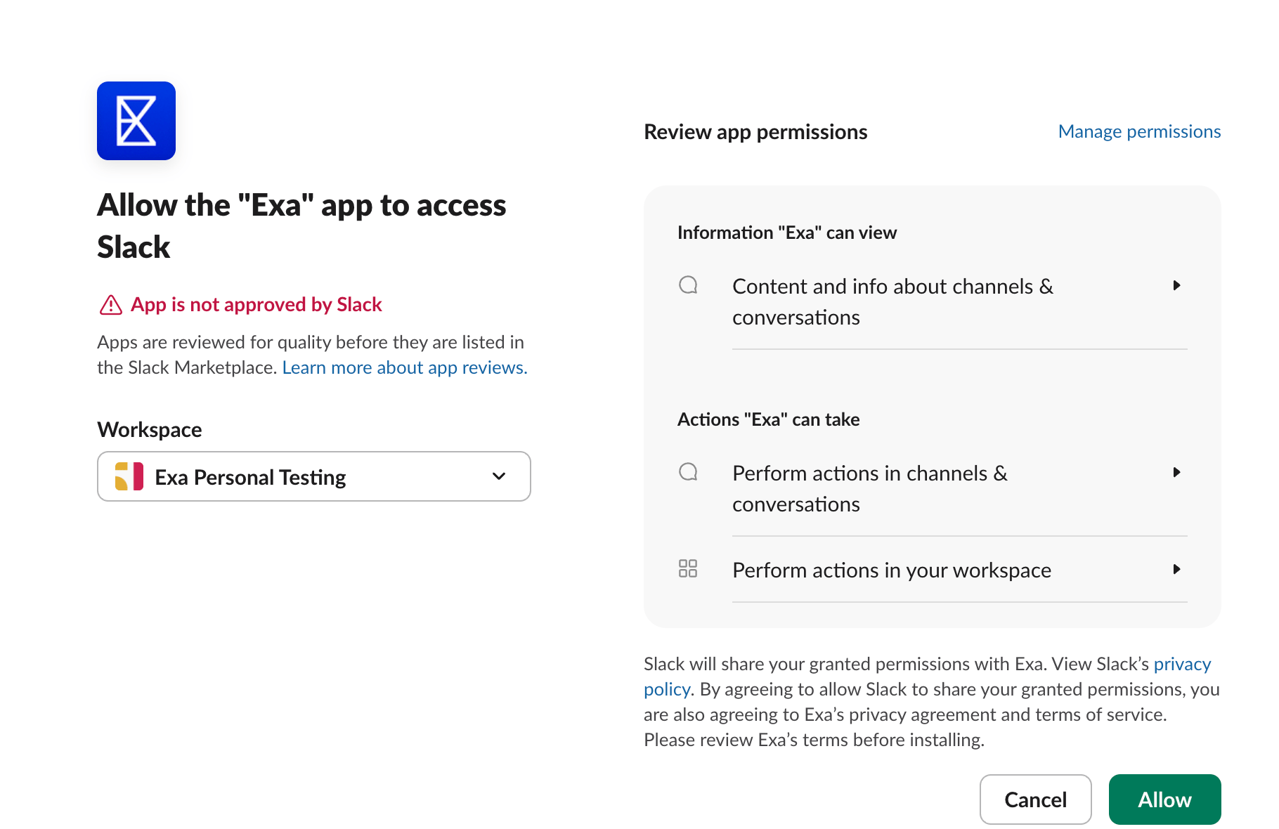Slack's OAuth approval screen for the Exa app, showing the "App is not approved by Slack" notice, a workspace picker, the requested permissions, and the Allow button