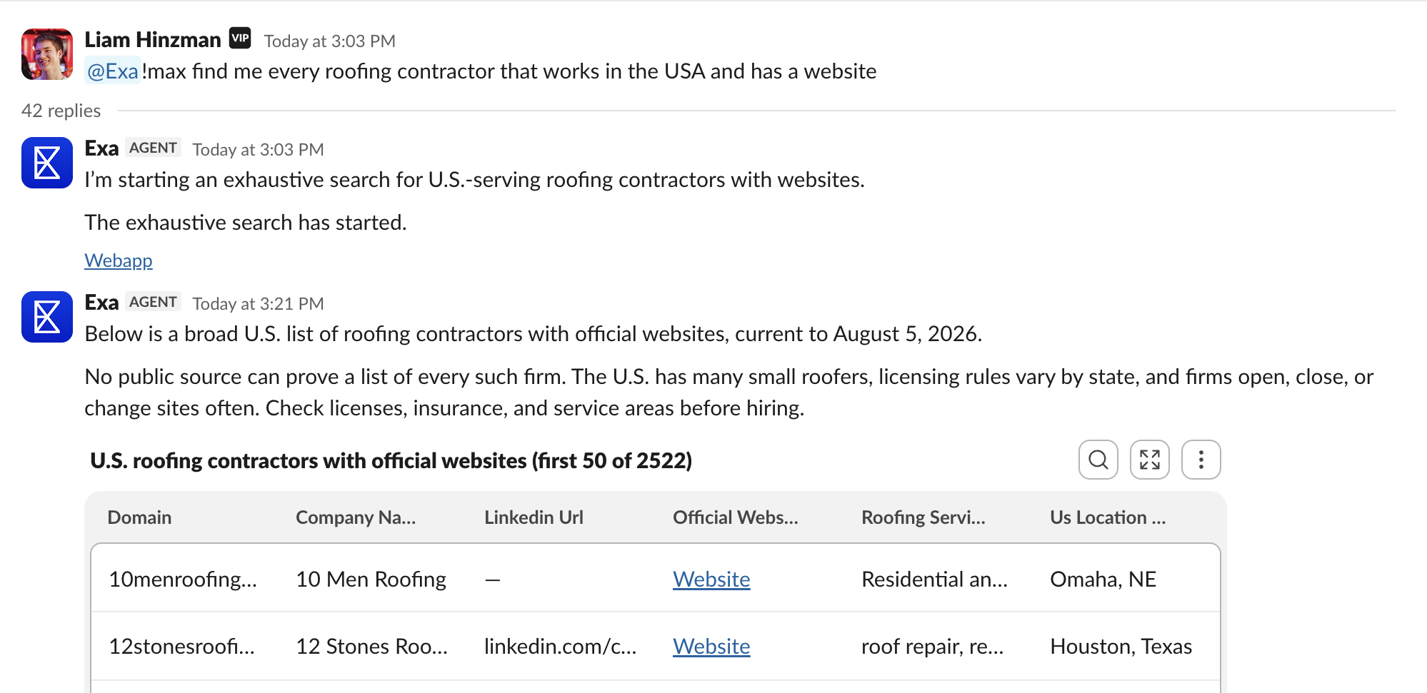 Exa running a !max list-building request in a Slack thread and returning a table of results