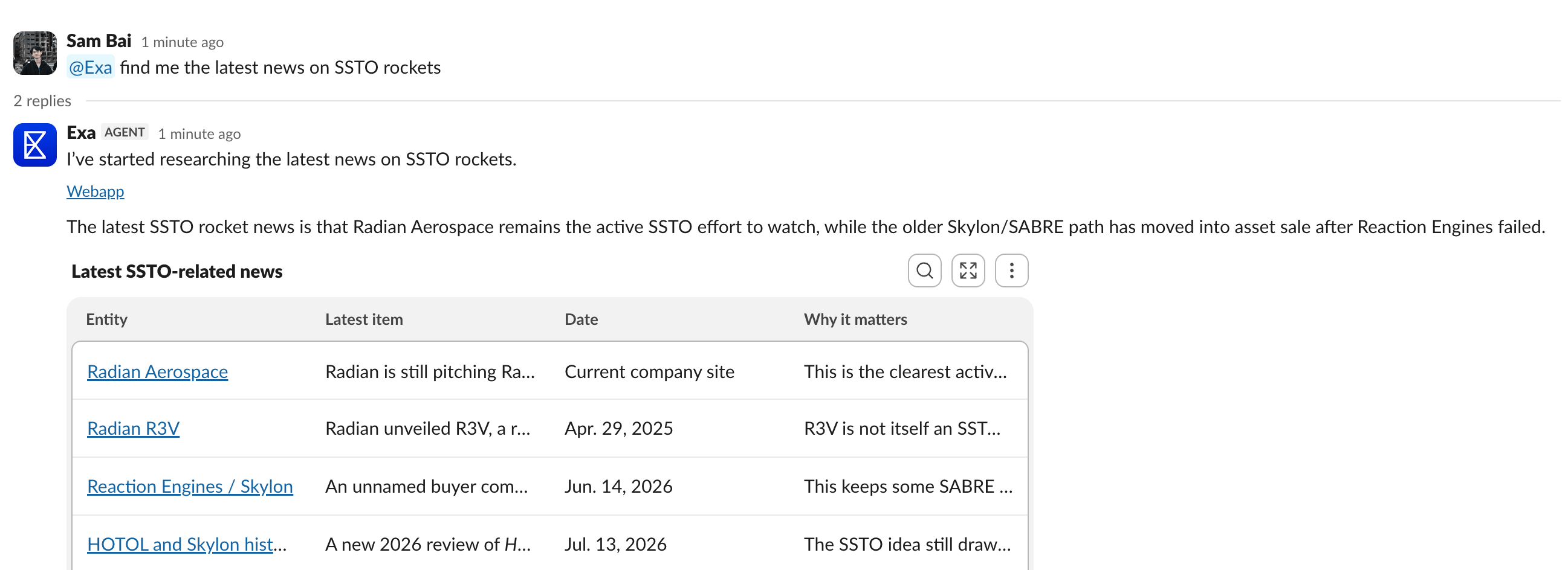 Exa answering a question about the latest news on a topic in a Slack thread, with dated results in a table