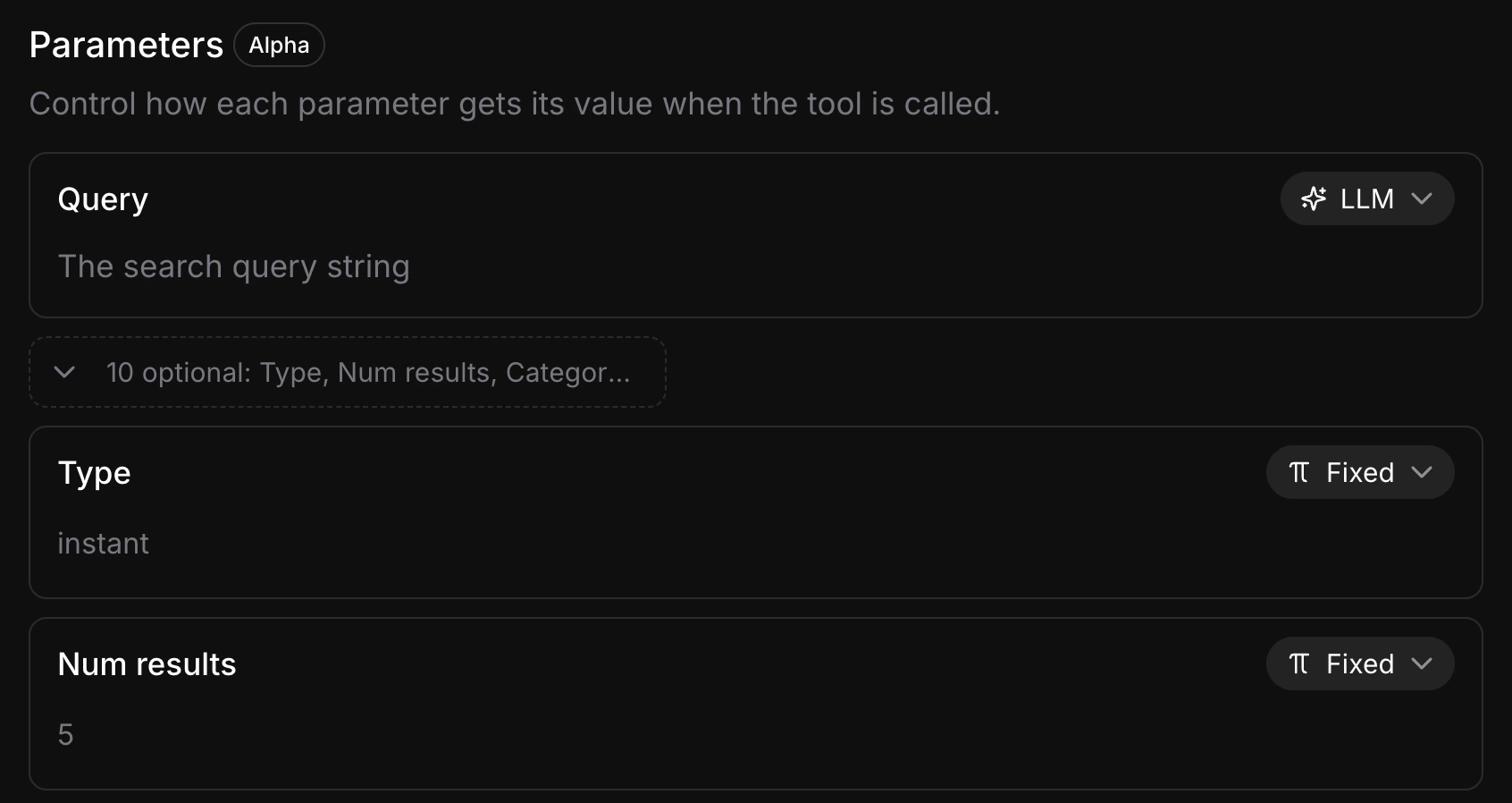 ElevenLabs webhook tool parameter configuration showing Fixed vs LLM mode toggles