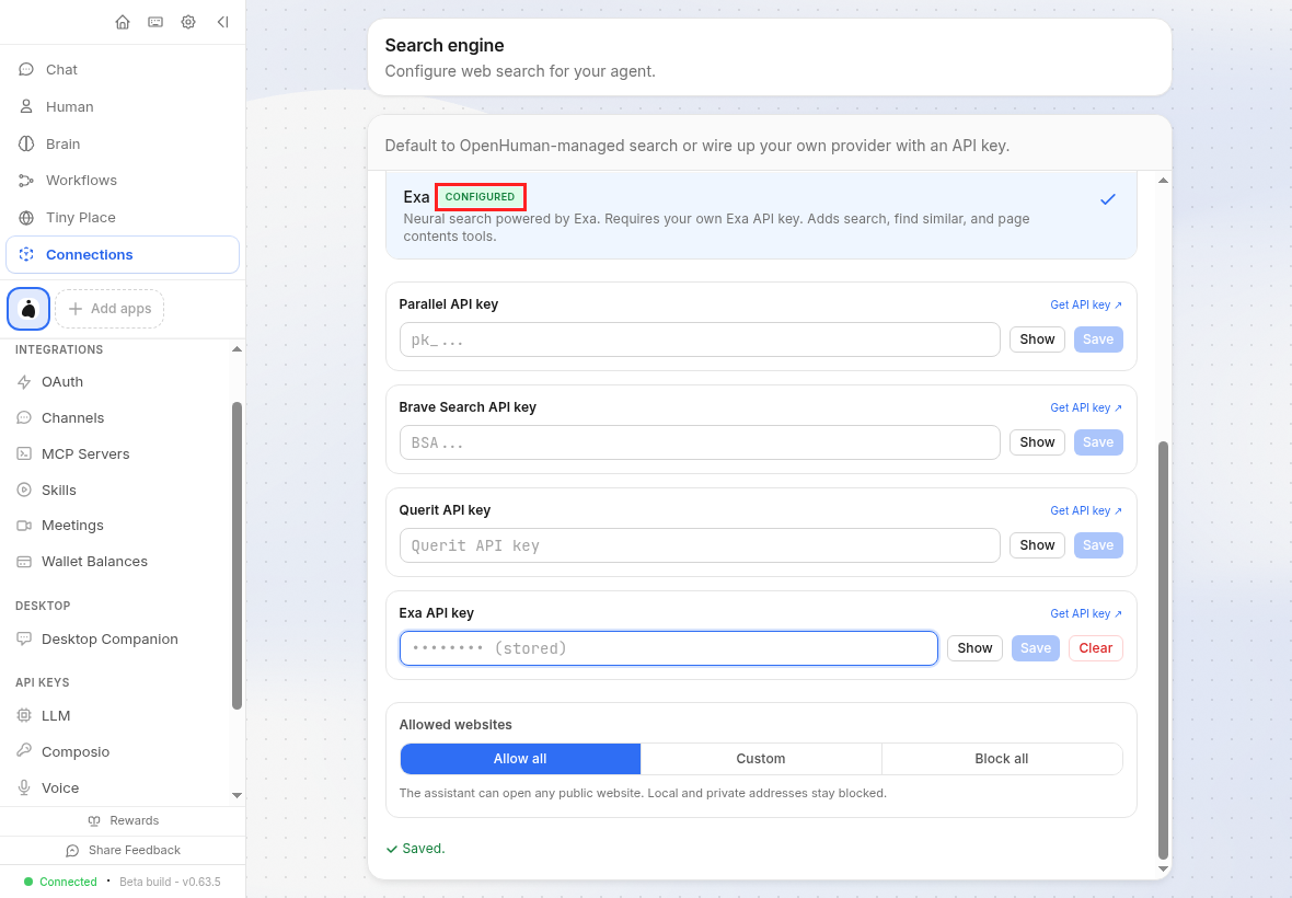 The OpenHuman Search engine panel with Exa selected and marked Configured