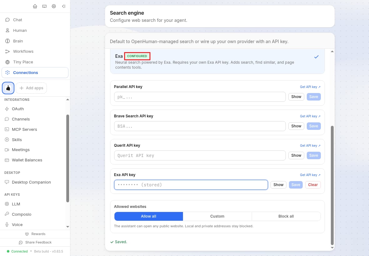 The OpenHuman Search engine panel with Exa selected and marked Configured