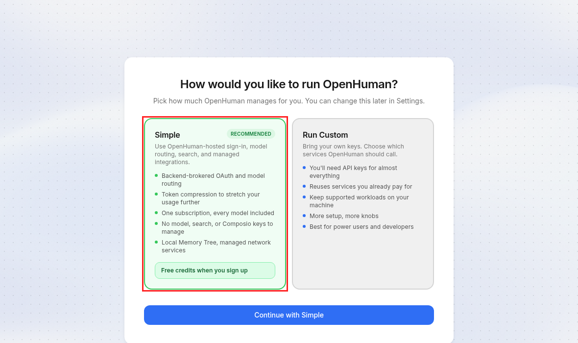 OpenHuman onboarding asking how to run OpenHuman, with the Simple option selected