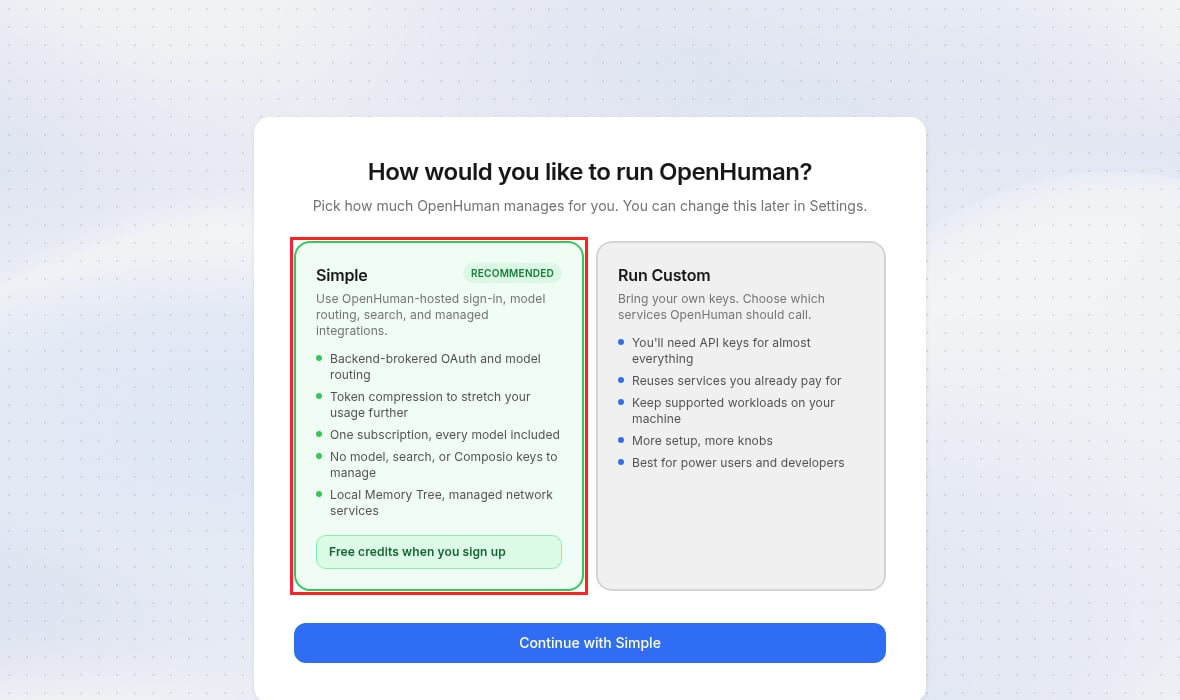 OpenHuman onboarding asking how to run OpenHuman, with the Simple option selected