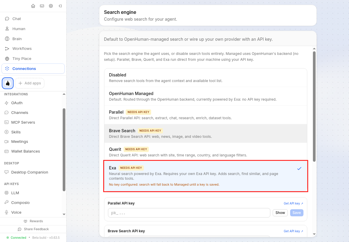The Exa engine option selected in the OpenHuman Search engine panel, showing the Needs API key badge