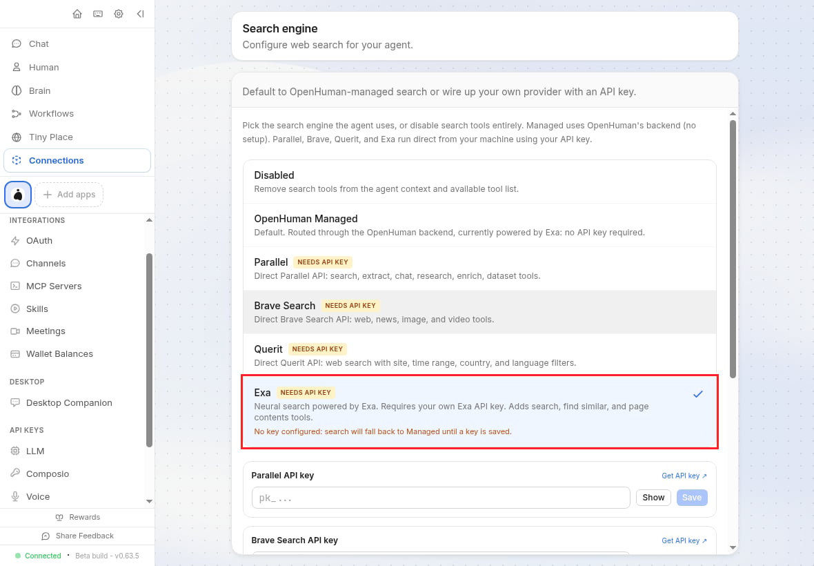 The Exa engine option selected in the OpenHuman Search engine panel, showing the Needs API key badge