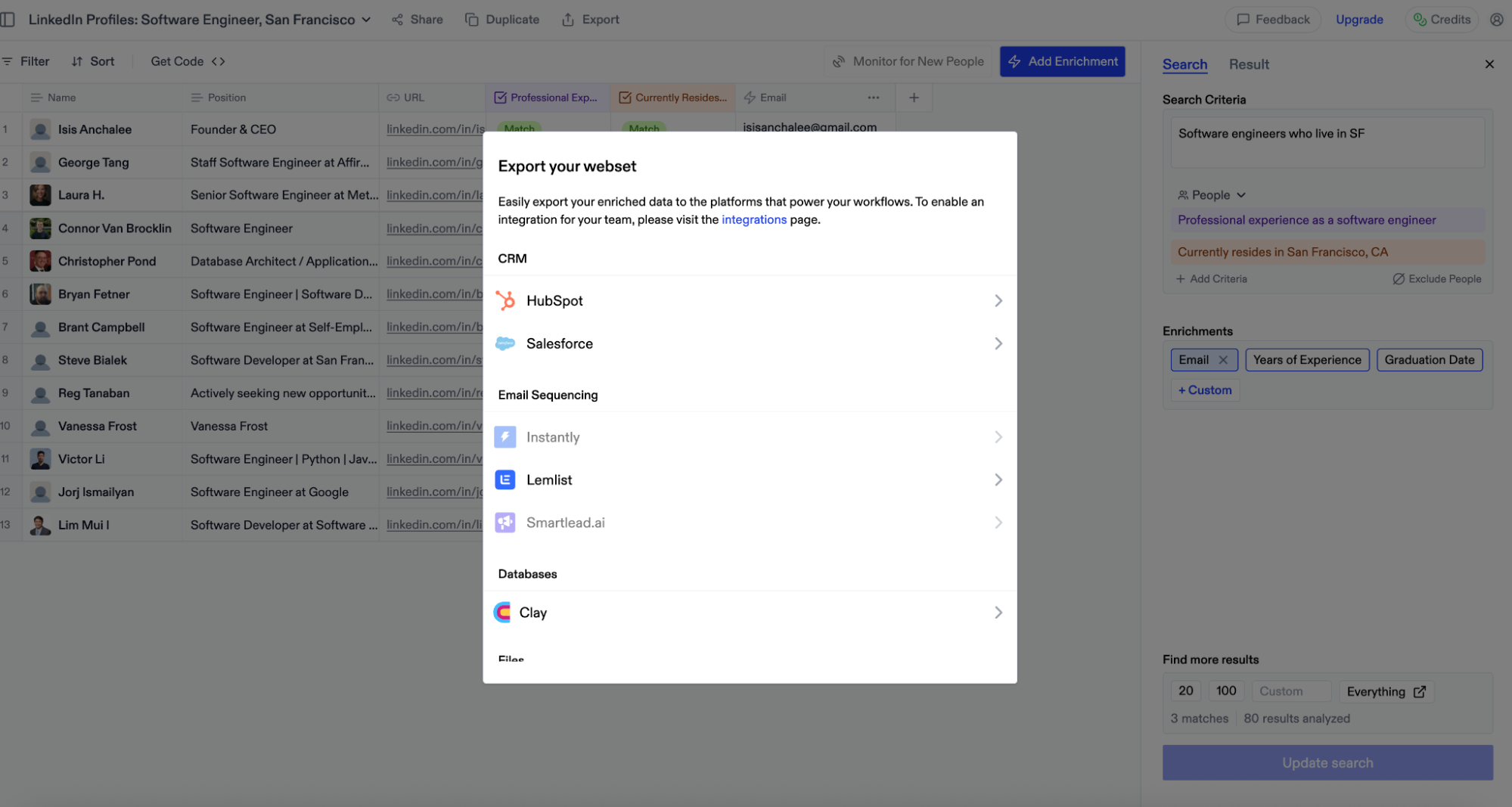 Export options interface