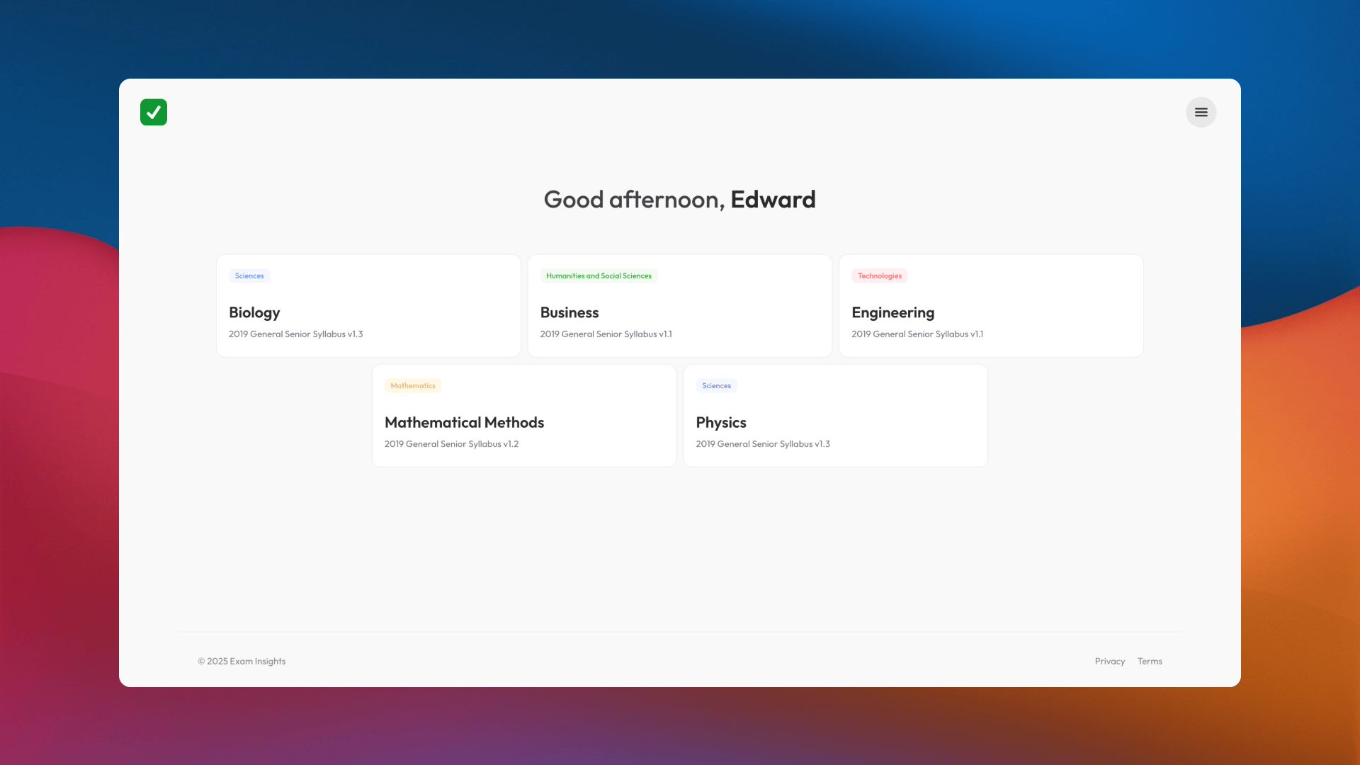 Exam Insights My Subjects dashboard