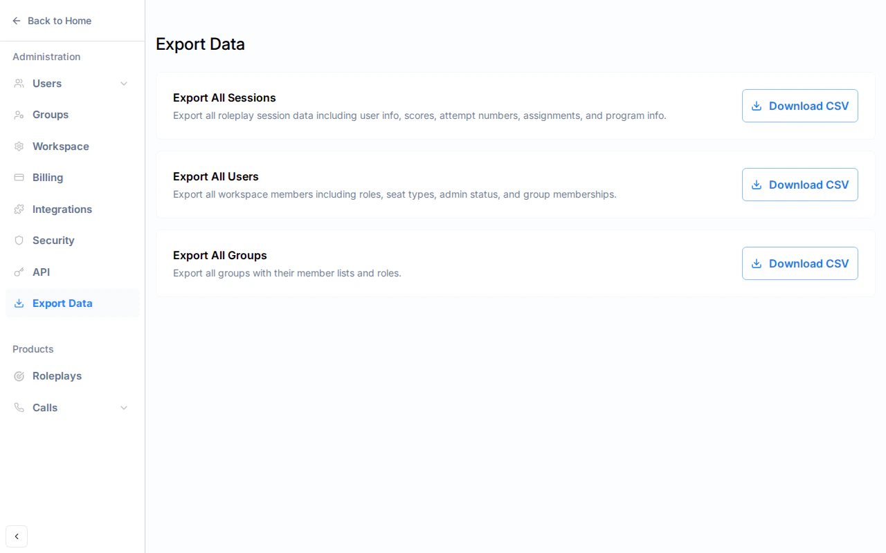 Export Data page showing three export cards for Sessions, Users, and Groups