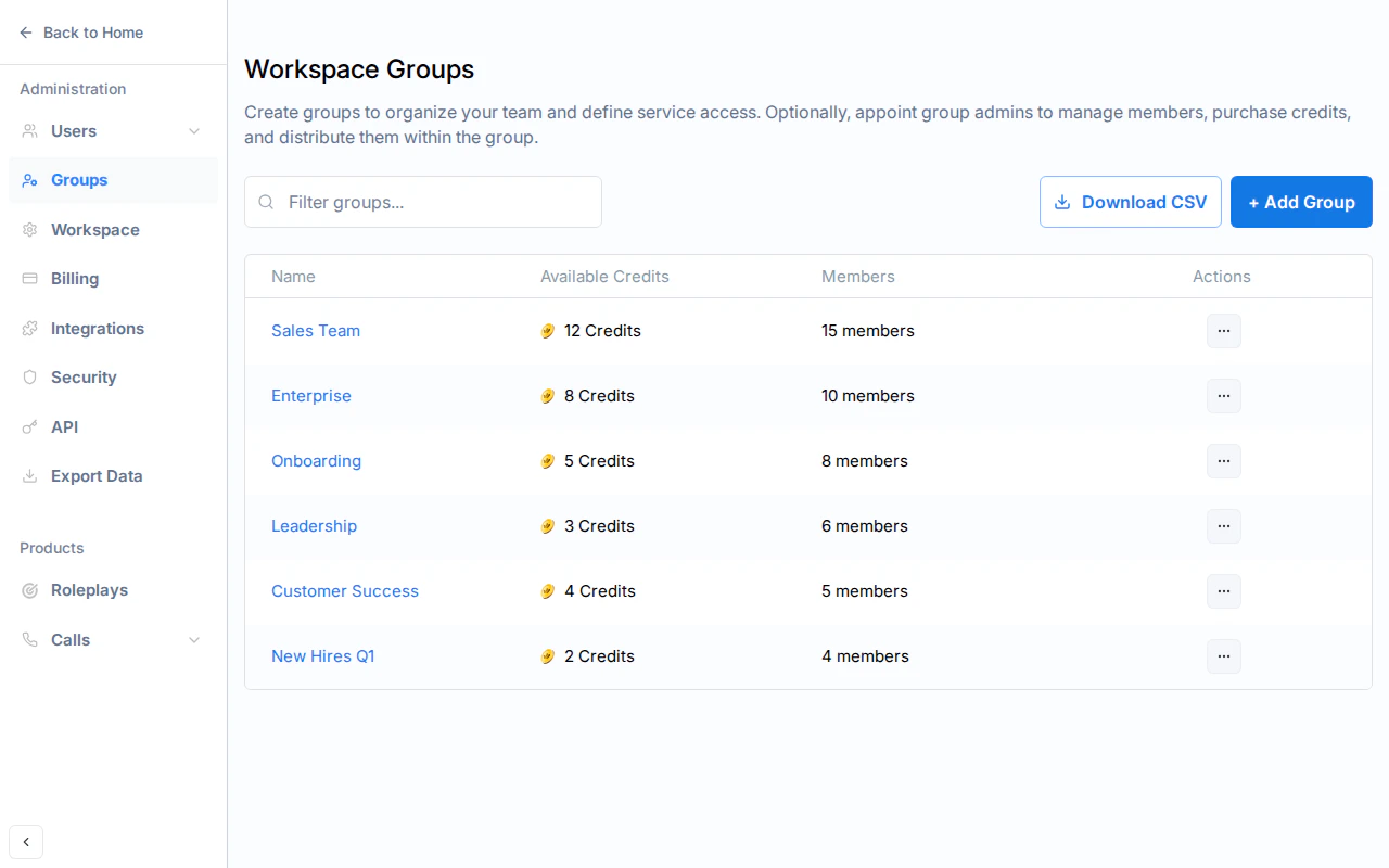Groups page showing the Download CSV button in the top right