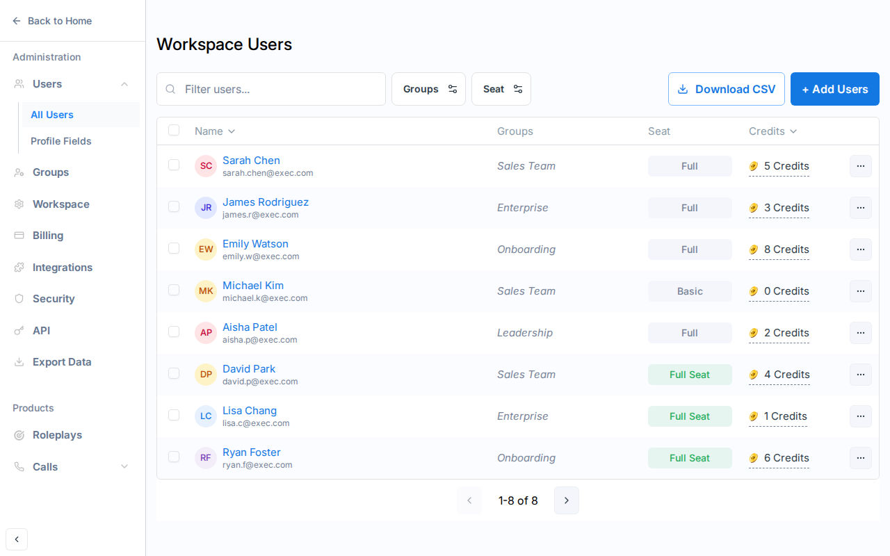 Users page showing the Download CSV button in the top right