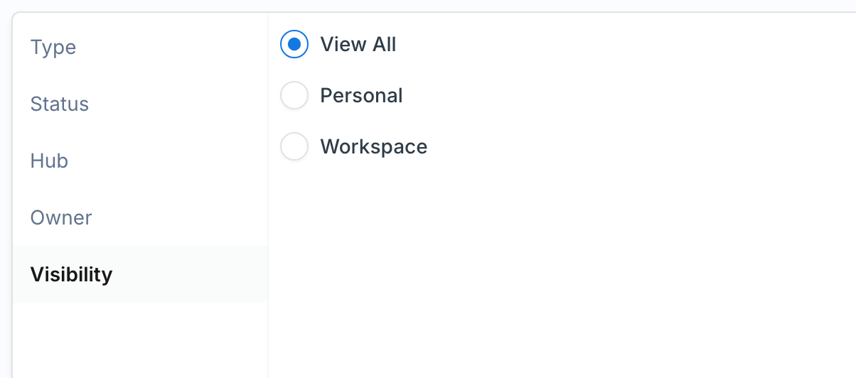 Filters panel with the Visibility tab selected, offering View All, Personal, and Workspace