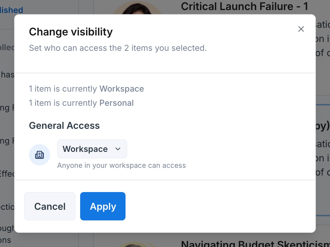 Change visibility dialog showing one item currently Workspace, one currently Personal, and the General Access control