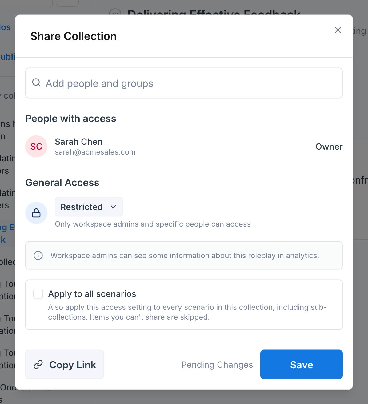 Share Collection dialog set to Restricted with the Apply to all scenarios checkbox visible