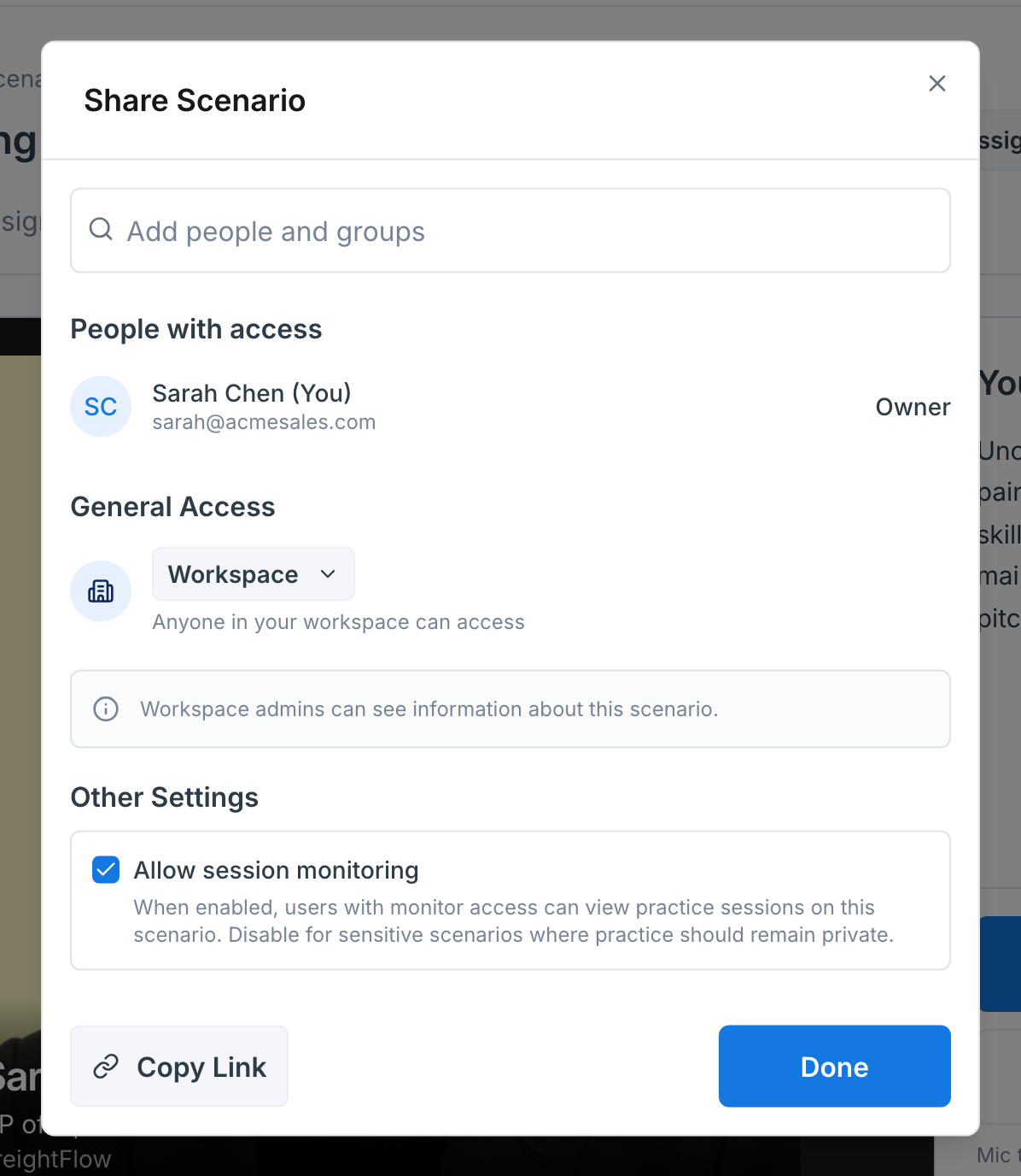 Share Scenario dialog showing People with access, the General Access dropdown set to Workspace, and the Allow session monitoring setting