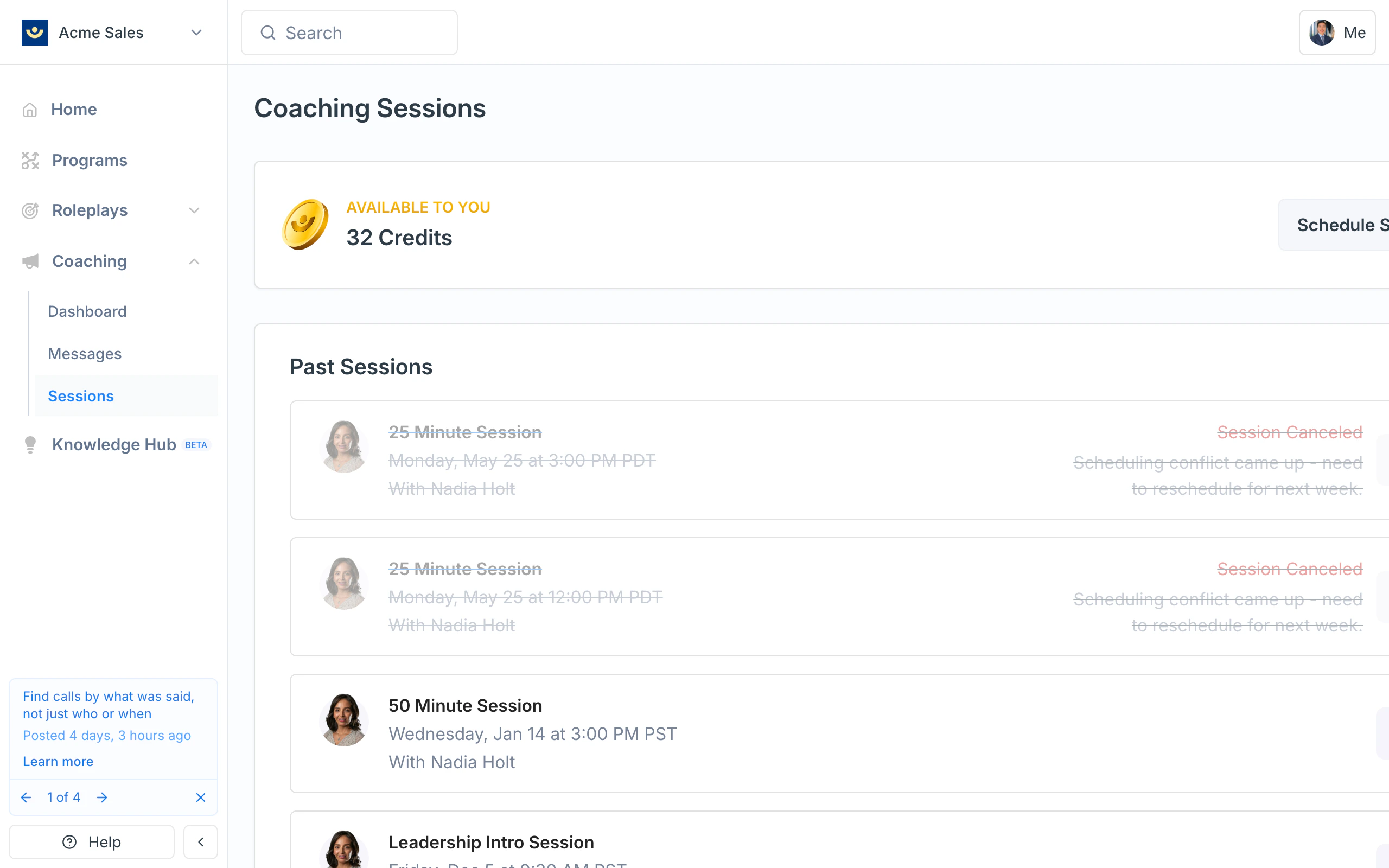 Sessions list after cancellation, with the canceled session shown under Past Sessions with strikethrough text
