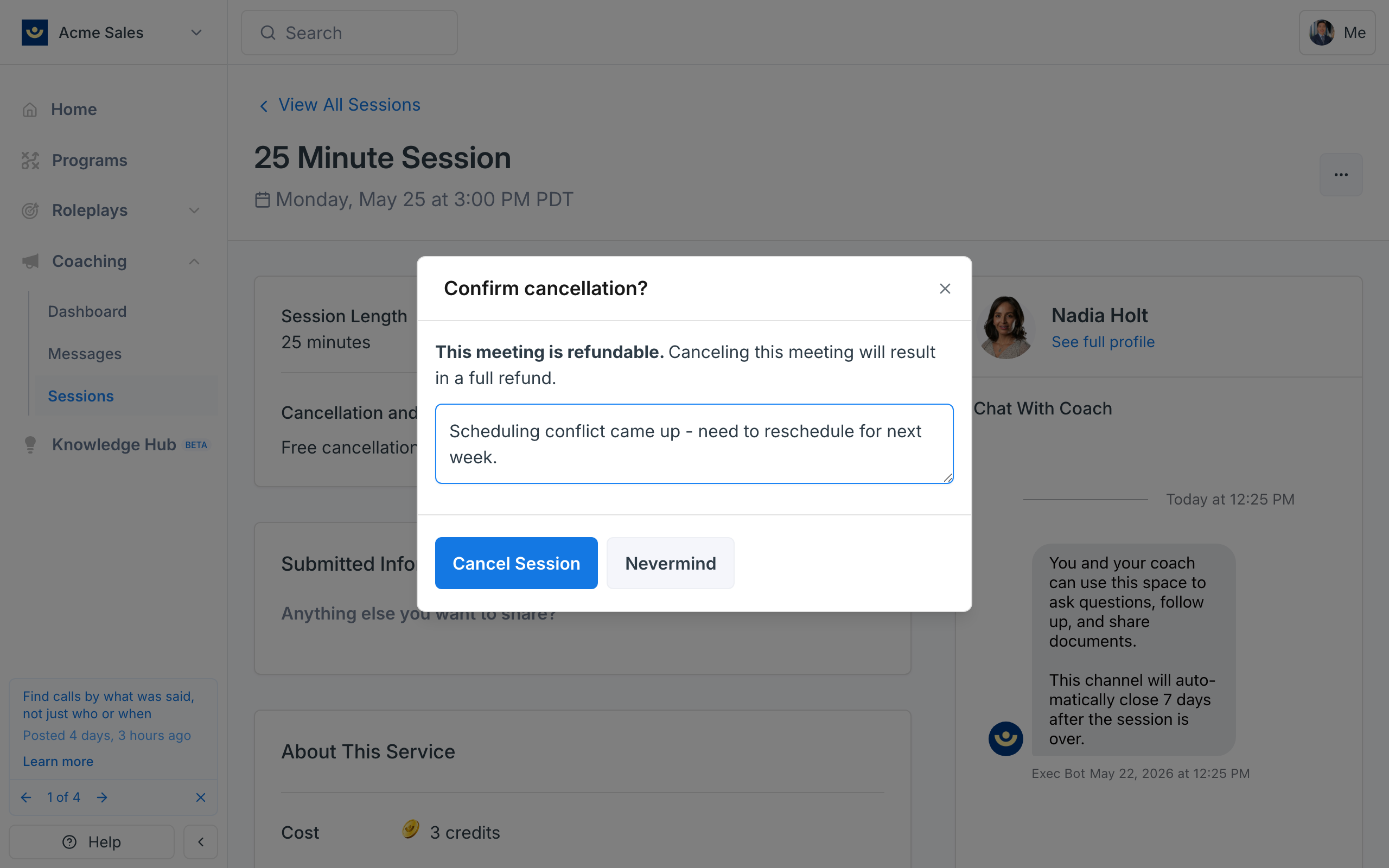 Confirm cancellation dialog with a cancellation reason typed in