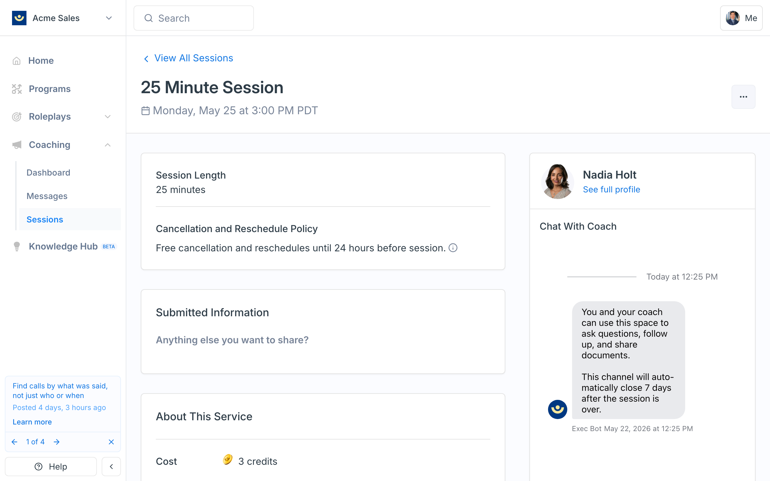 Session detail page showing an upcoming 25-minute session with Nadia Holt