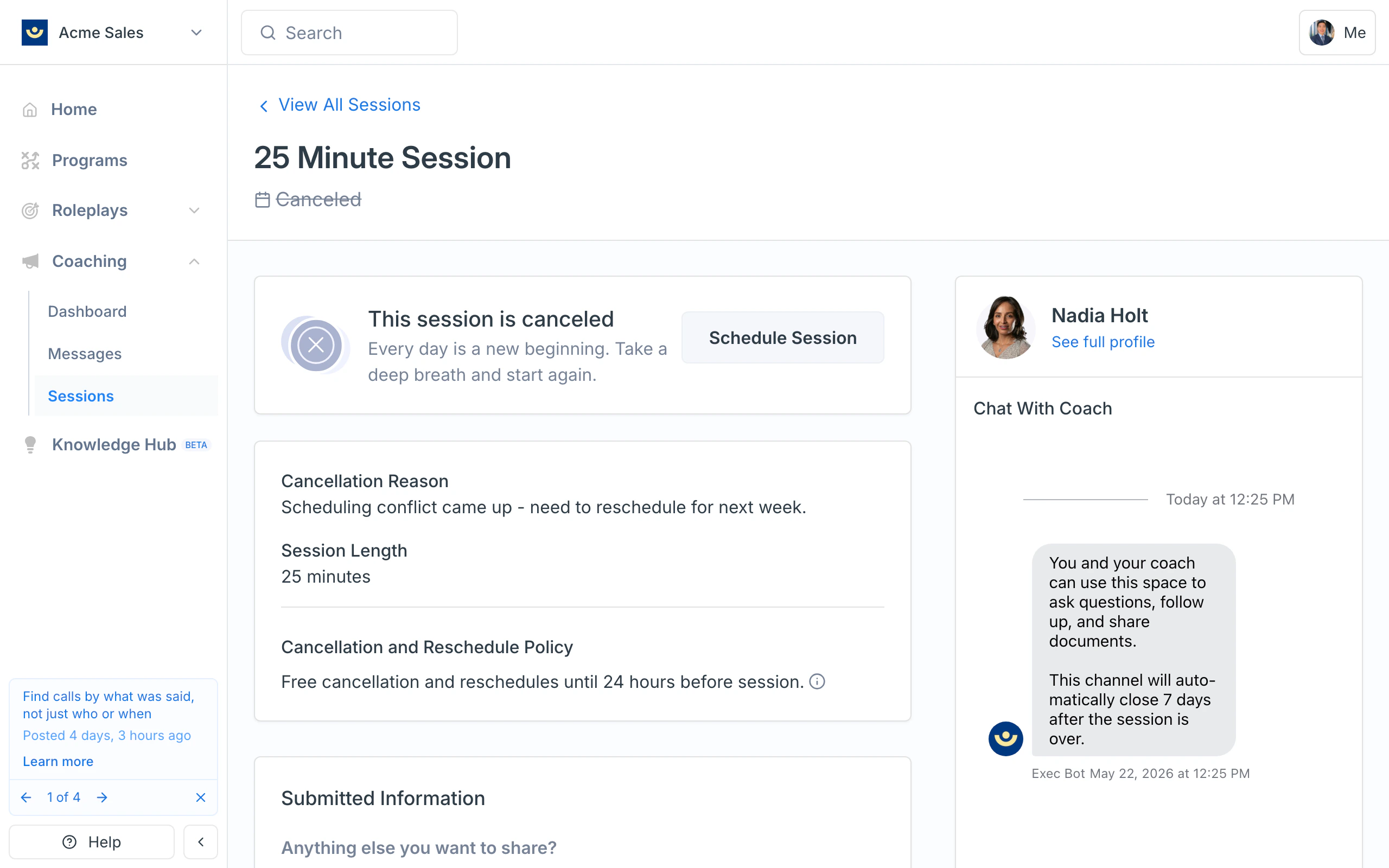Session detail page after cancellation, showing the canceled banner and the cancellation reason