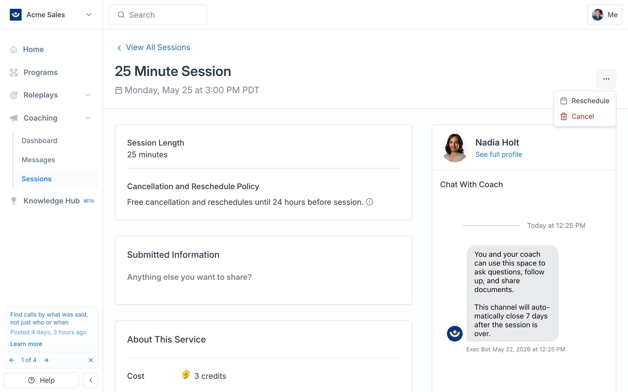 Three-dot menu open on the session detail page, showing Reschedule and Cancel options