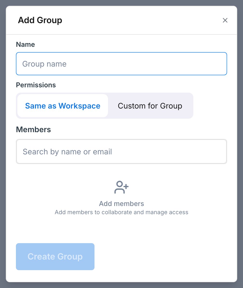 The Add Group dialog with a group name field and a member email selector