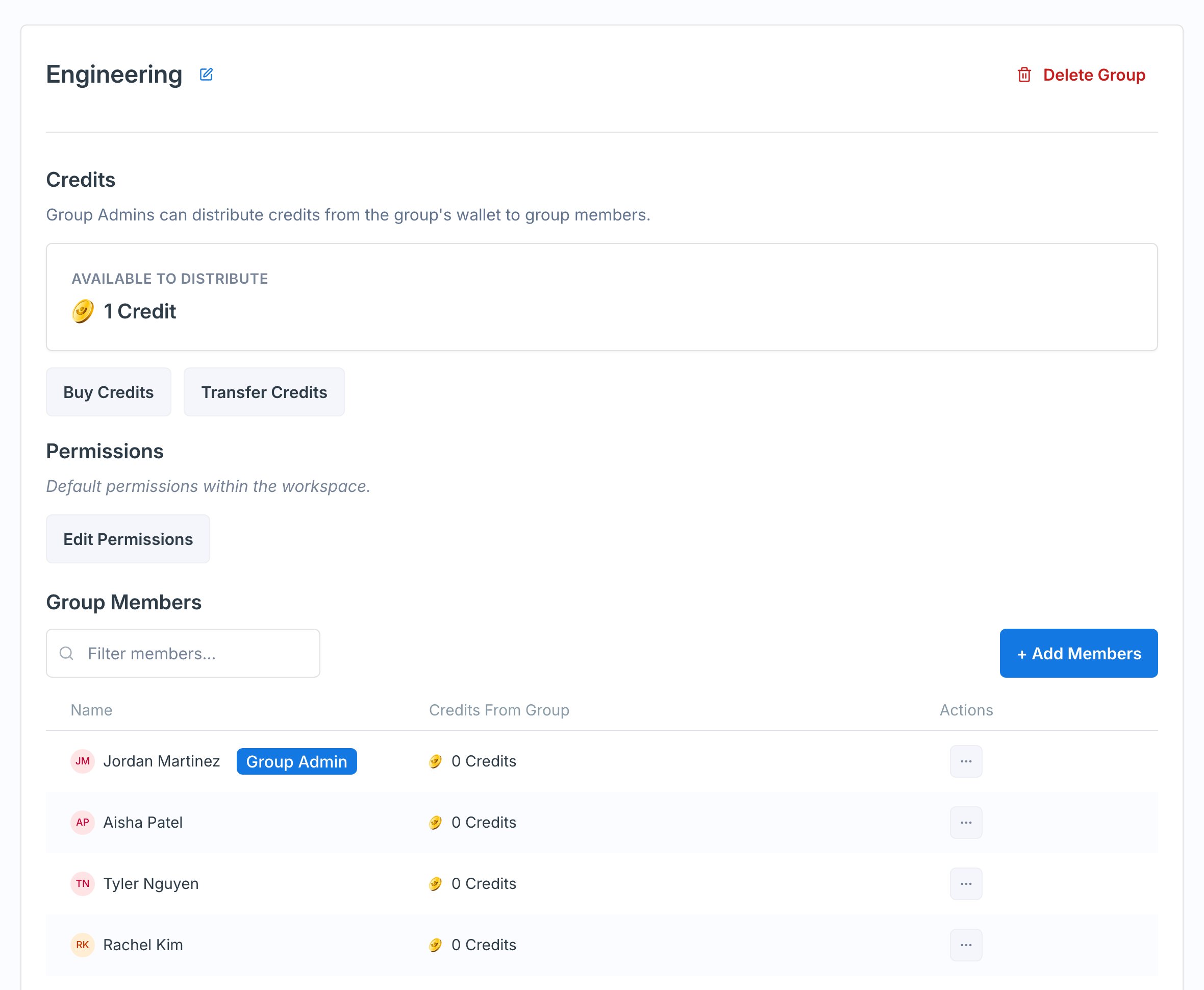 A group detail page showing the Available to Distribute credits, group permissions, and the Group Members table