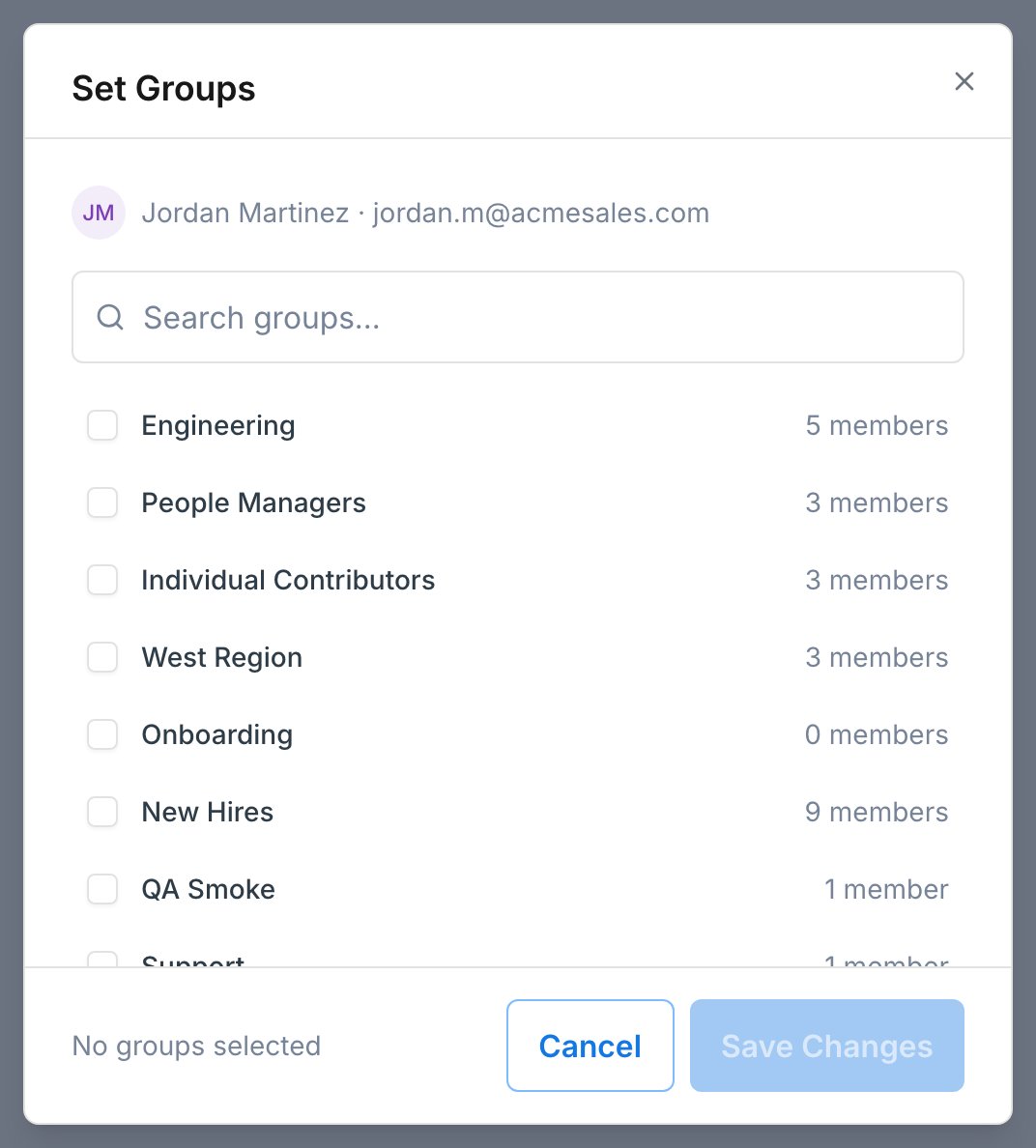 The Set Groups dialog showing a list of groups with checkboxes to assign a member to them