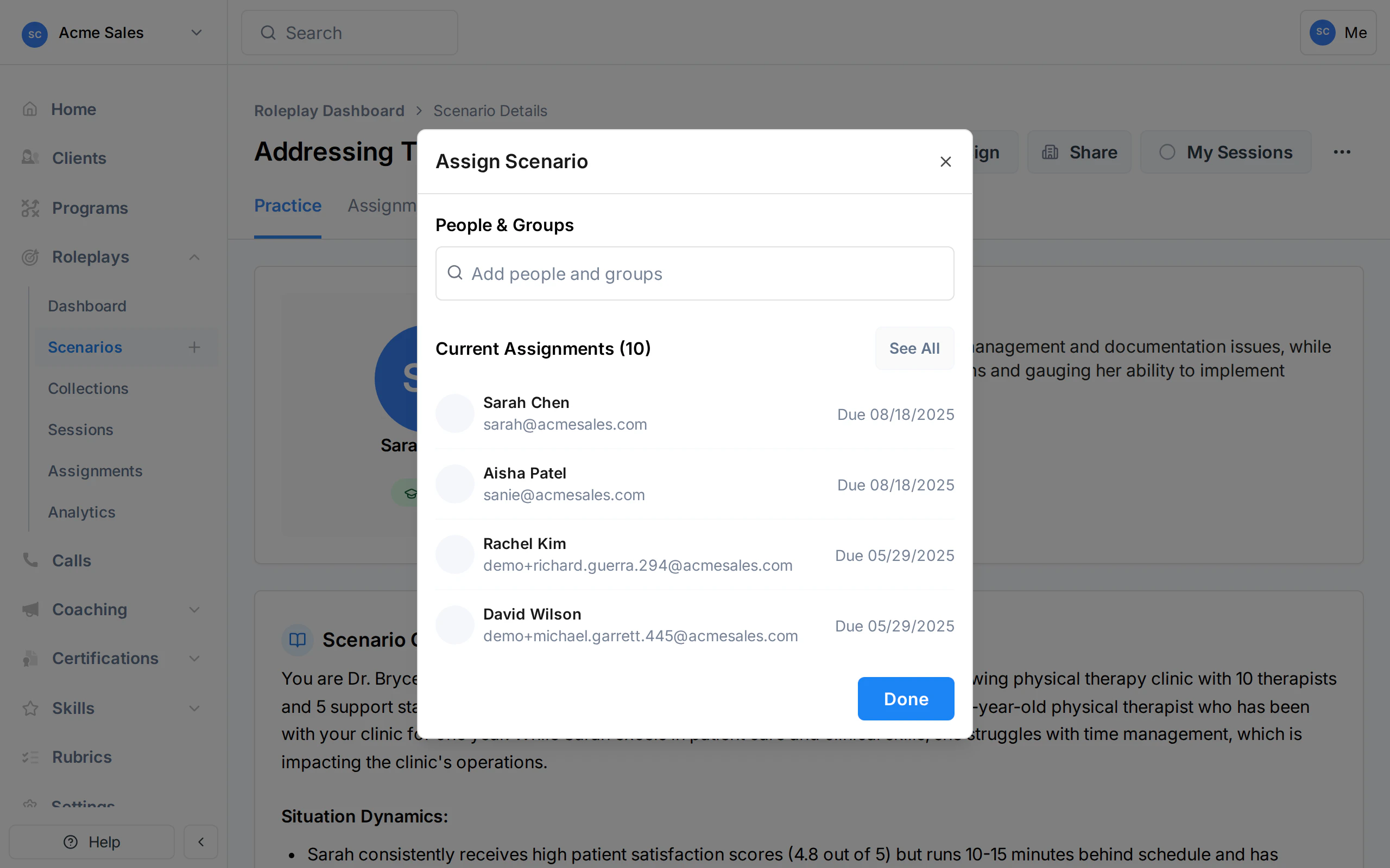 Assign Scenario dialog showing People and Groups search with current assignments