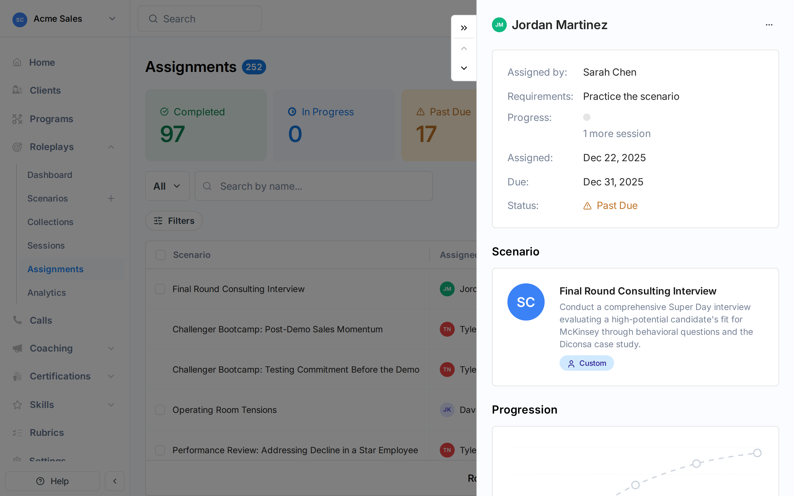 Assignment detail drawer showing assignee info, requirements, status, scenario card, and progression chart