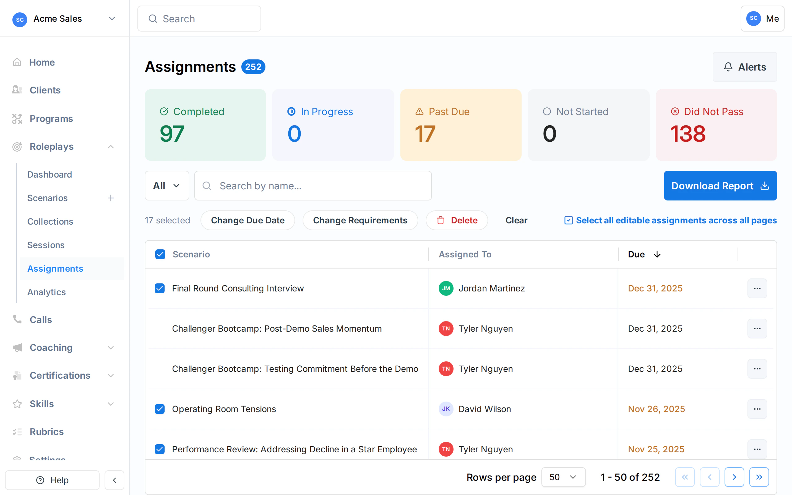 Bulk actions bar showing Change Due Date, Change Requirements, Delete, and Select All options