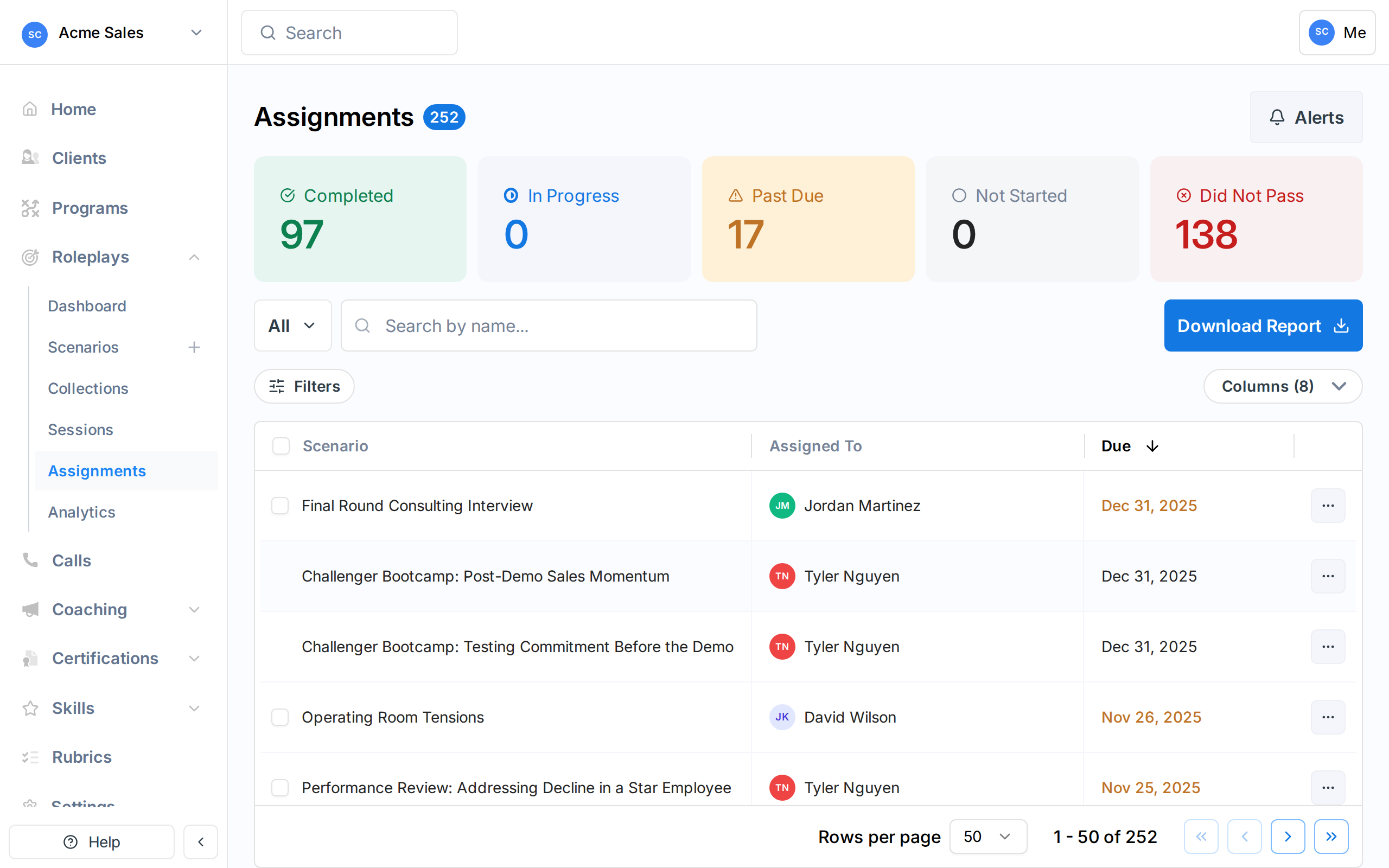 Assignments dashboard showing status cards and assignment table
