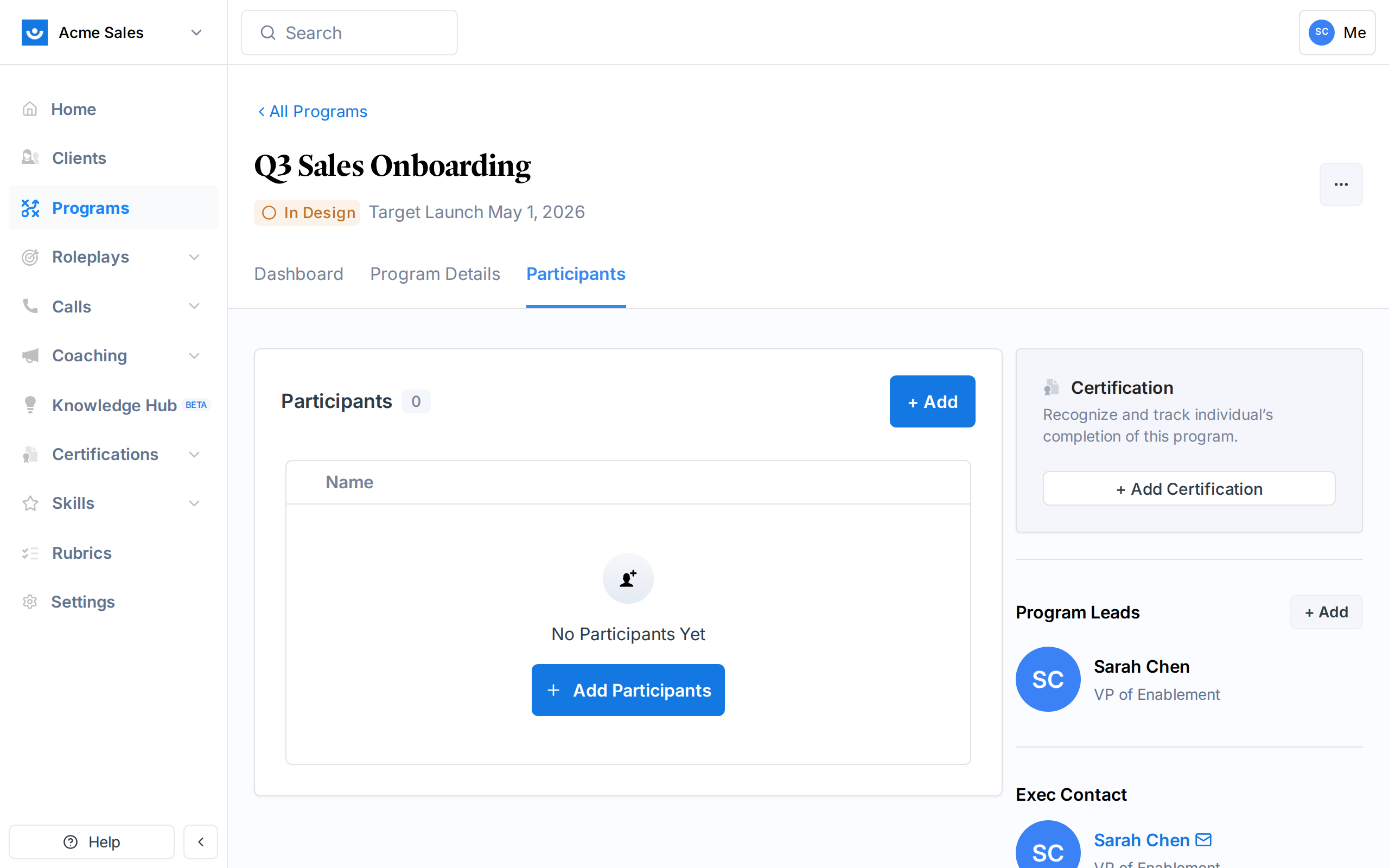 Participants tab showing the participant list and right panel with program leads