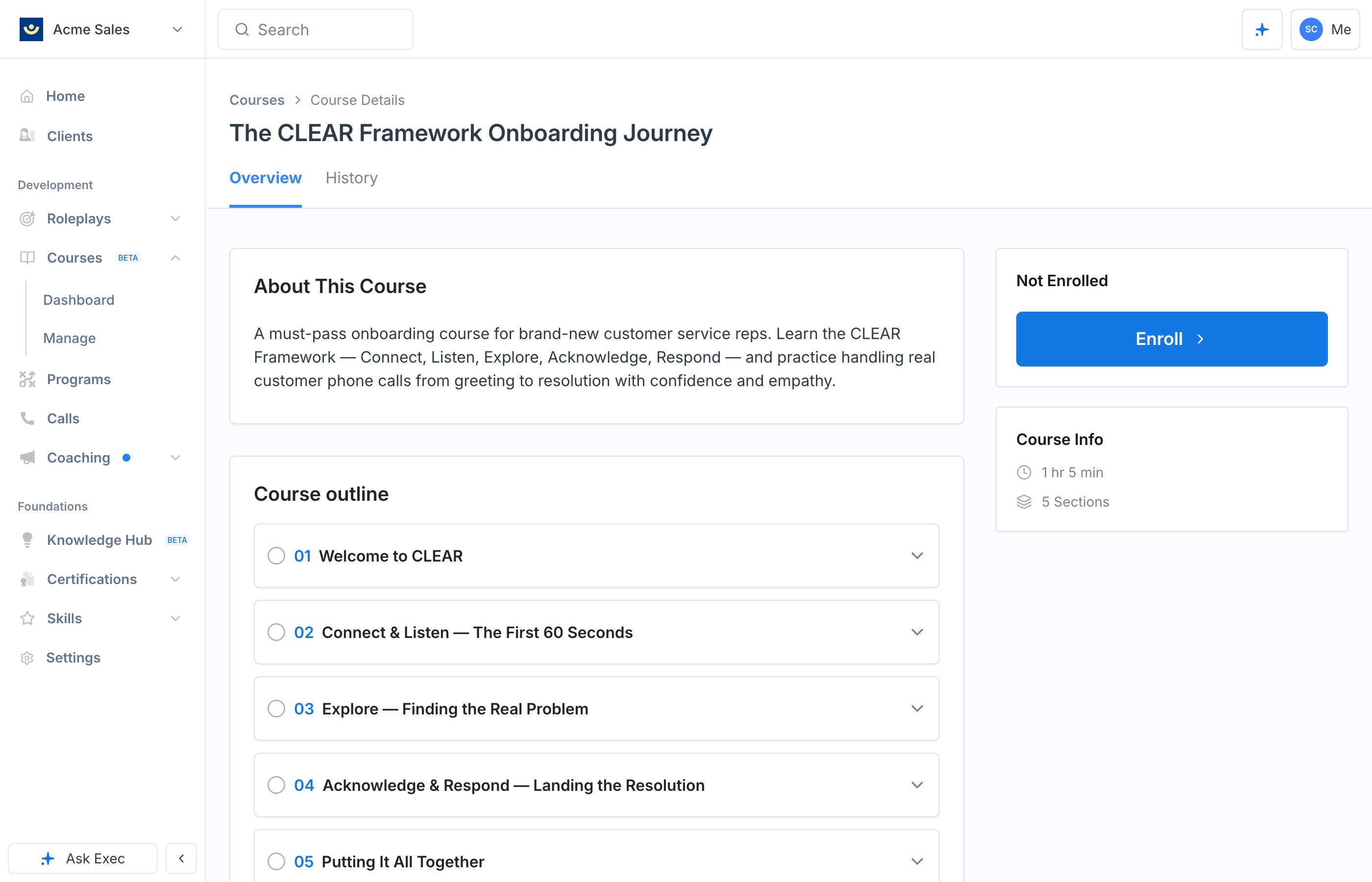 A course detail page with About This Course, the course outline, an Enroll button, and course duration