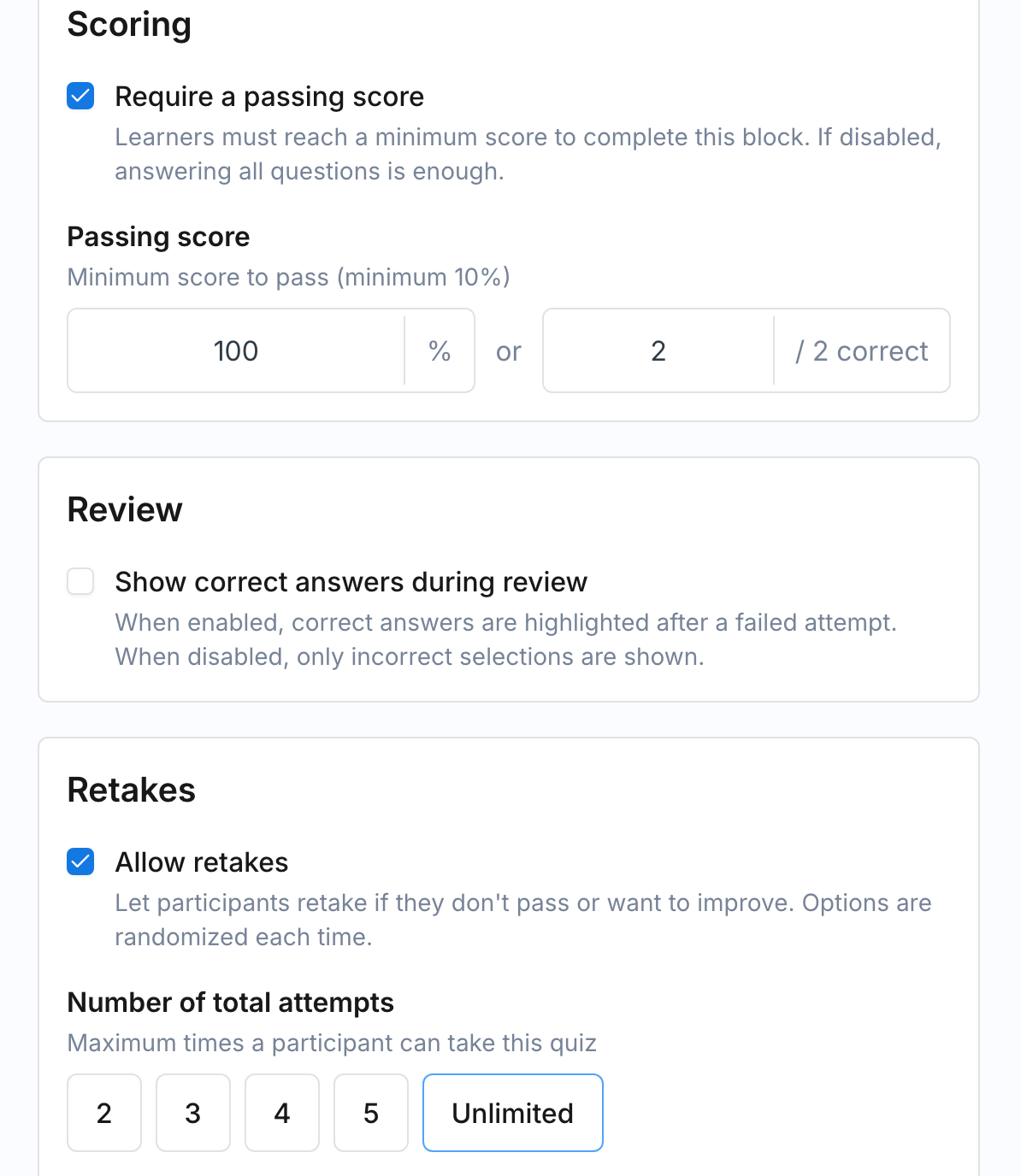 The Quiz block settings panel showing the Scoring, Review, and Retakes sections