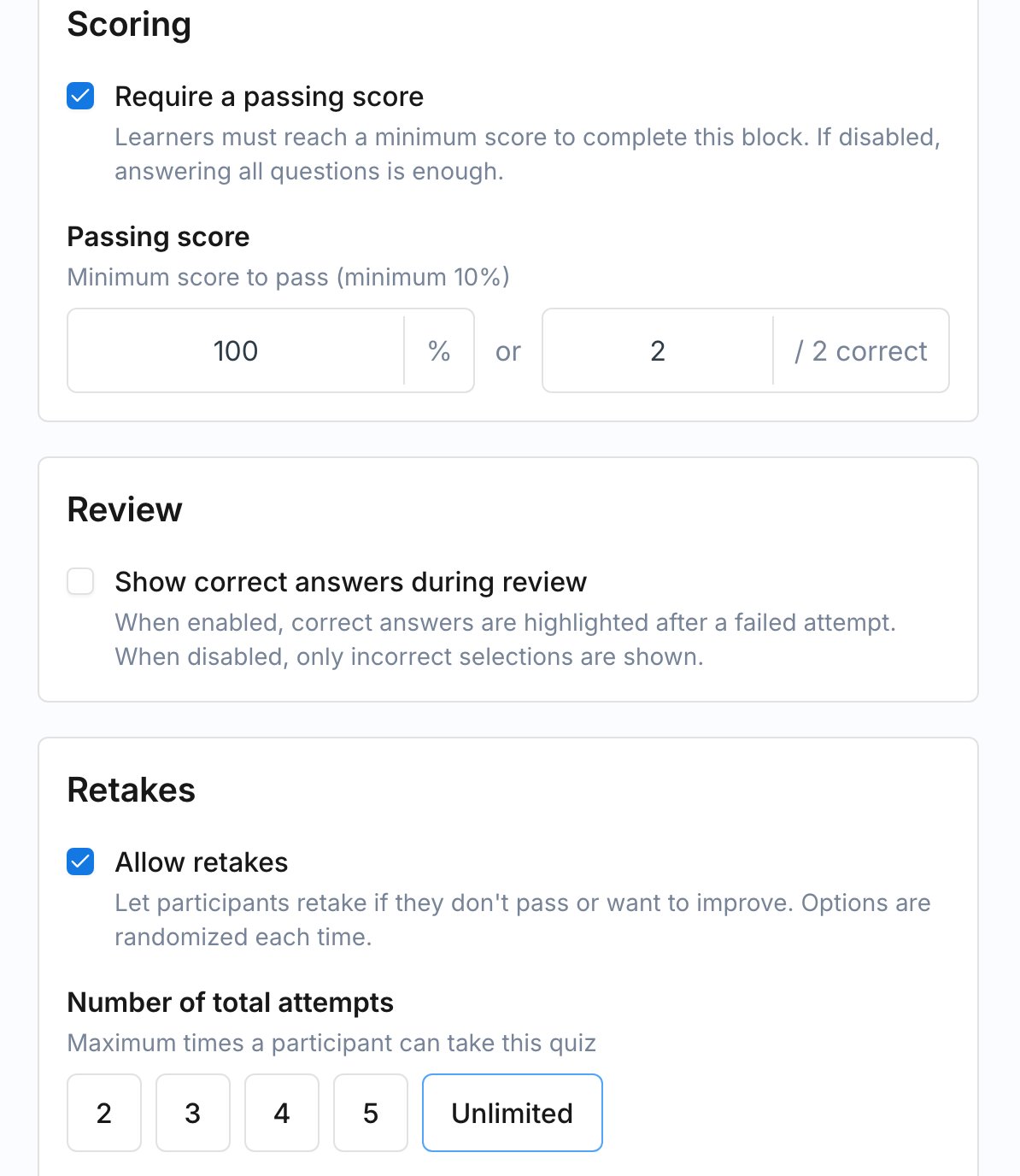 The Quiz block settings panel showing the Scoring, Review, and Retakes sections