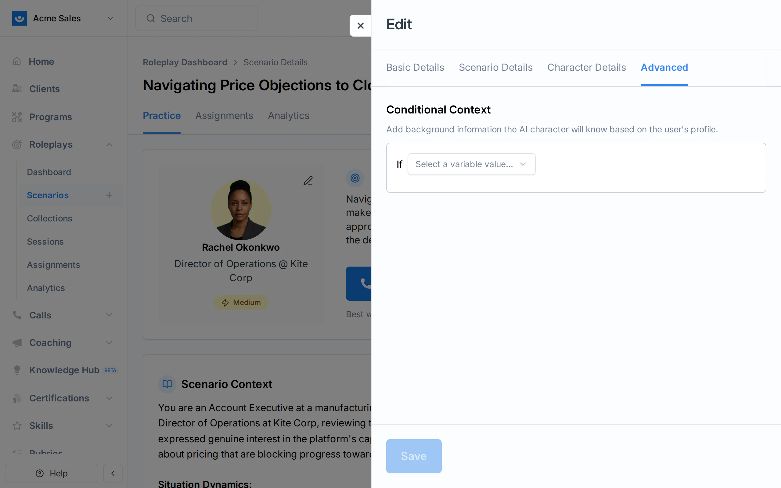 Selecting a condition from the dropdown